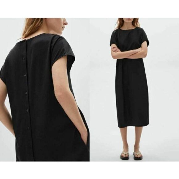 Massimo Dutti Womens Poplin Dress XS Black Midi Buttons Down Back 6698/584 NWT - Picture 2 of 7